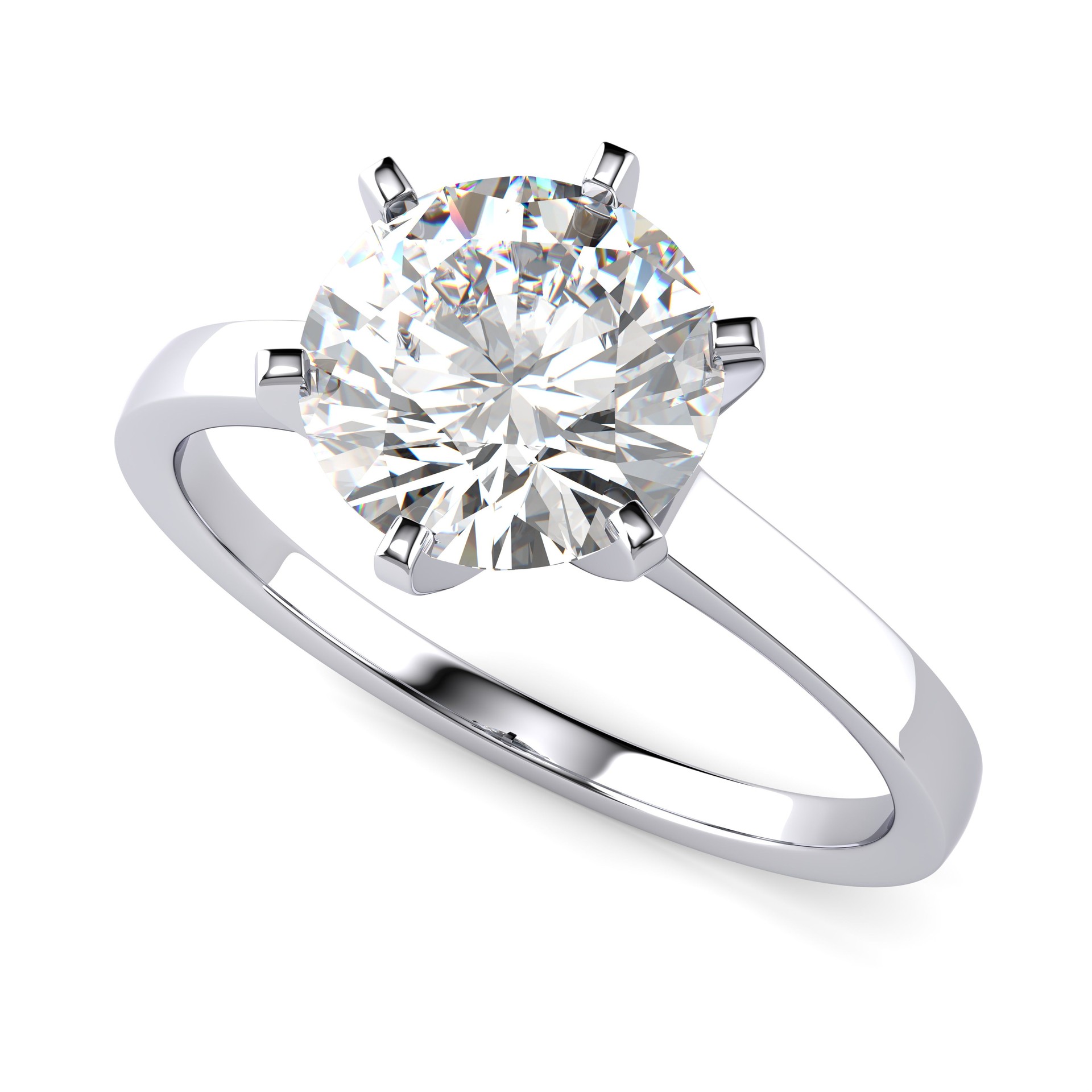 Solitaire diamond engagement ring with a round brilliant cut stone, isolated top view on white background